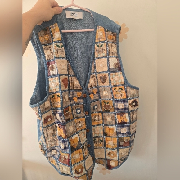 Vintage Jackets & Blazers - Vintage Cottagecore Patchwork Denim Vest with Colorful Patterns